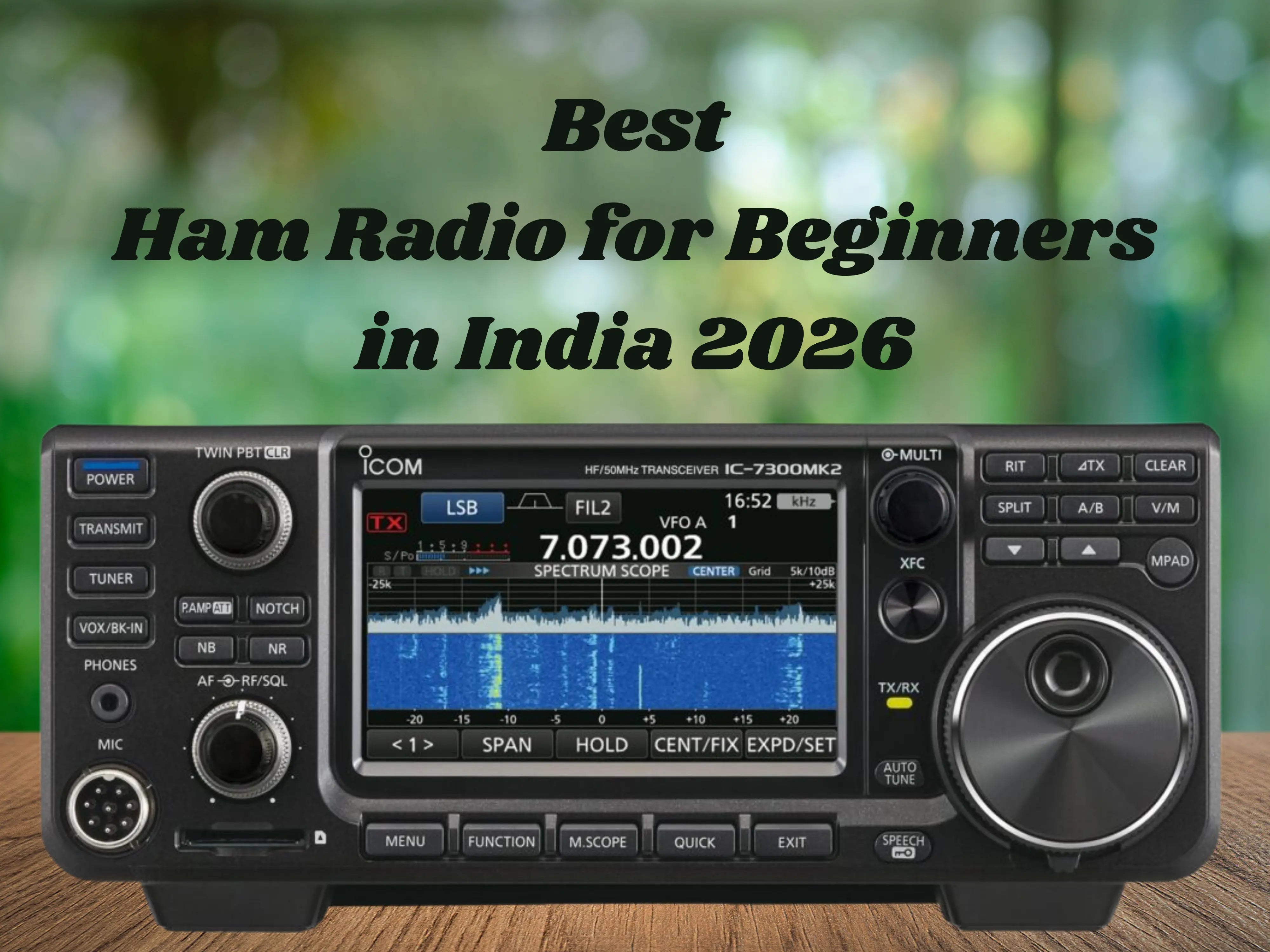 Beginner amateur radio operator using a handheld ham radio transceiver