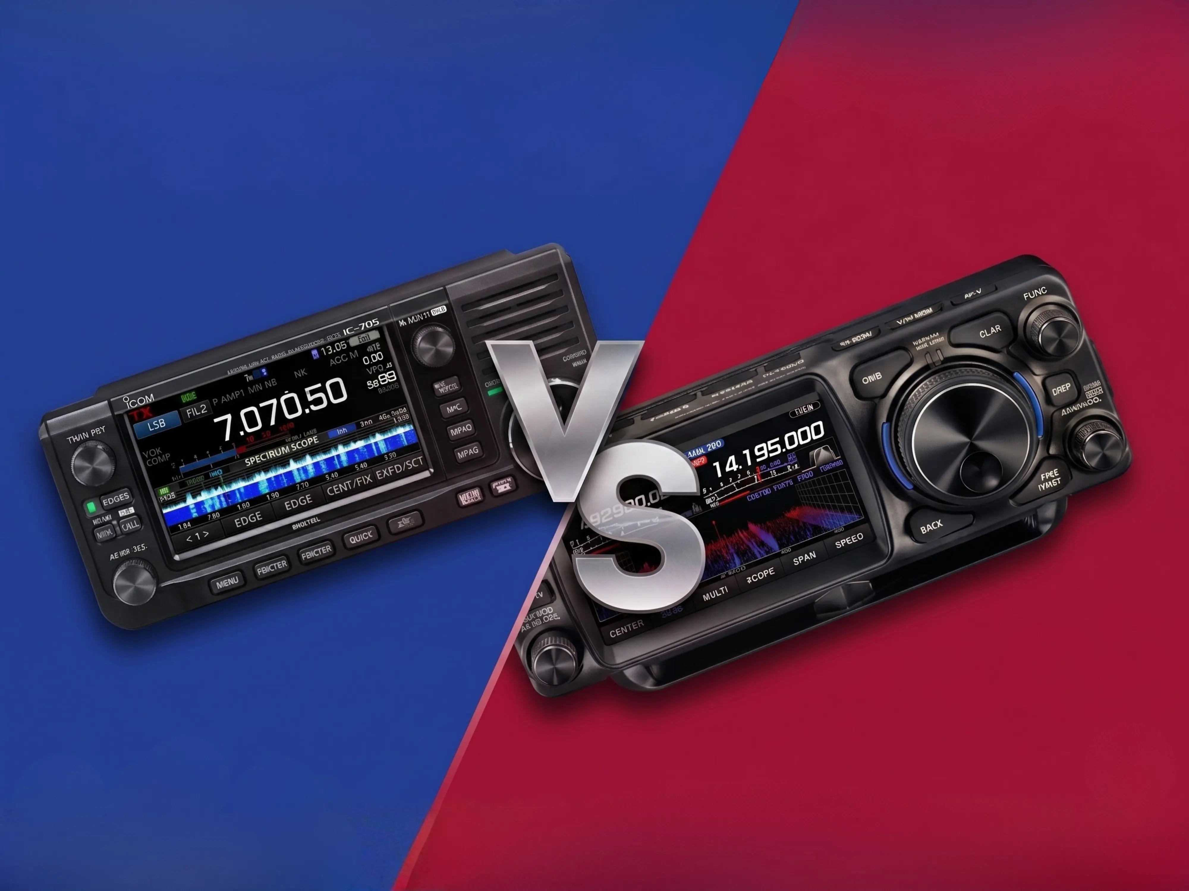 ICOM and Yaesu amateur radio transceivers compared side by side